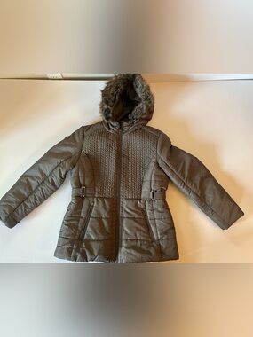Details Intl Women’s Hooded Puffer Coat Gray Green Faux Fur Trim Size Medium